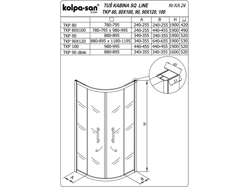 KOLPA SQ line TKP 90x120 S/K SILVER 5/6 mm SILVER/PROVIDNO h=190 - 511540 