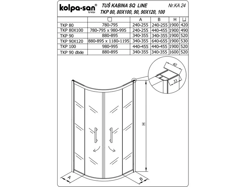 KOLPA SQ line TKP 100 S/CH BELA 5/6 mm BELA/CINCILA h=190 - 511410 