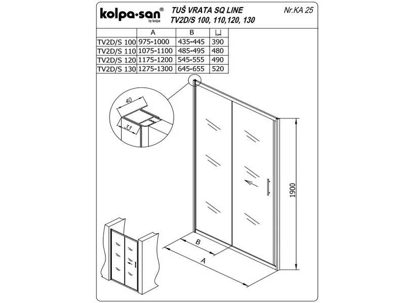 KOLPA TV2D/S SQ line 110 S/K BELA tus vrata 5/6 mm BELA/PROVIDNO h=190 - 511610 