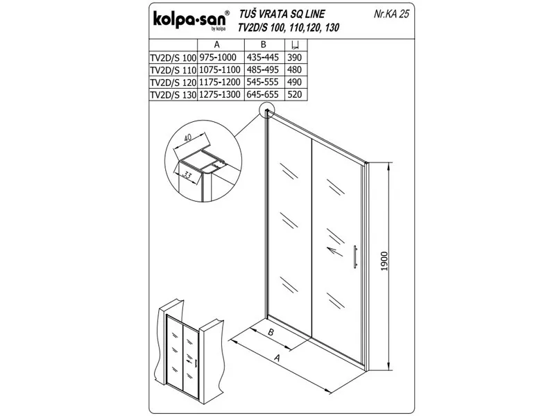 KOLPA TV2D/S SQ line 110 S/K SILVER tus vrata 5/6 mm SILVER/PROVIDNO h=190 - 511620 
