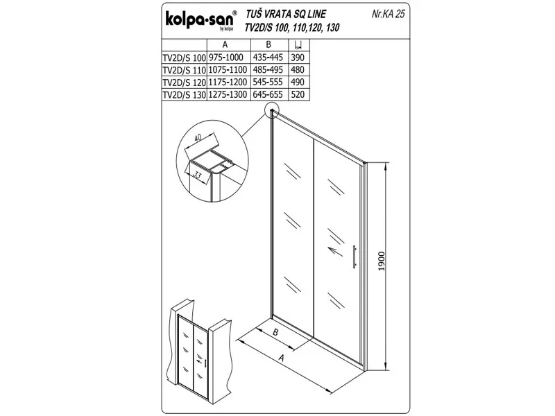 KOLPA TV2D/S SQ line 110 S/CH BELA tus vrata 5/6 mm BELA/CINCILA h=190 - 511590 