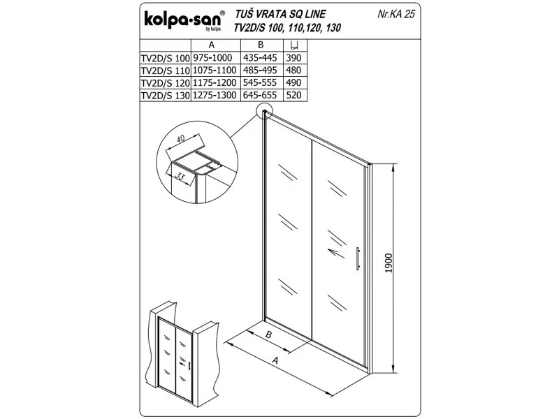 KOLPA TV2D/S SQ line 120 S/K BELA tus vrata 5/6 mm BELA/PROVIDNO h=190 - 511650 