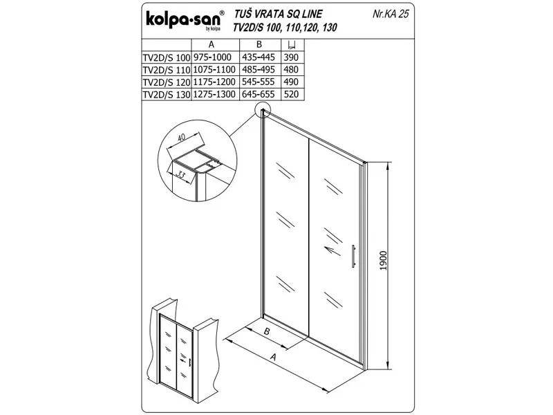 KOLPA TV2D/S SQ line 120 S/K SILVER tus vrata 5/6 mm SILVER/PROVIDNA h=190 - 511660 