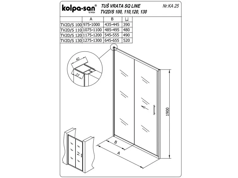 KOLPA TV2D/S SQ line 130 S/CH SILVERtus vrata 5/6 mm SILVER/CINCILA h=190 - 511680 