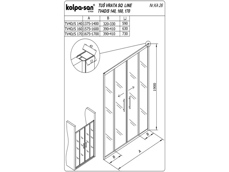 KOLPA TV4D/S SQ line 140 S/CH BELA tus vrata 5/6 mm BELA/CINCILA h=190 - 511710 