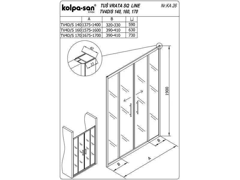 KOLPA TV4D/S SQ line 140 S/CH SILVER tus vrata 5/6 mm SILVER/CINCILA h=190 - 511720 