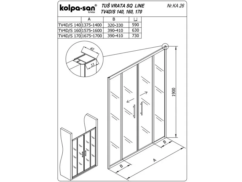 KOLPA TV4D/S SQ line 160 S/K BELA tus vrata 5/6 mm BELA/PROVIDNO h=190 - 511770 