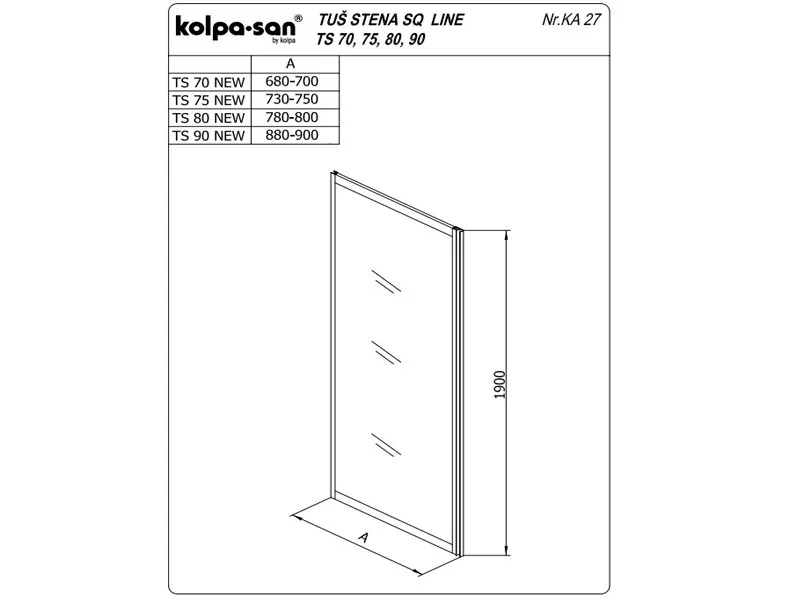 KOLPA TS SQ line 80/CH SILVER - cincila,tus stena 5 mm h=190 (komb. TKK,TKP,TV SQ line) - 527620 