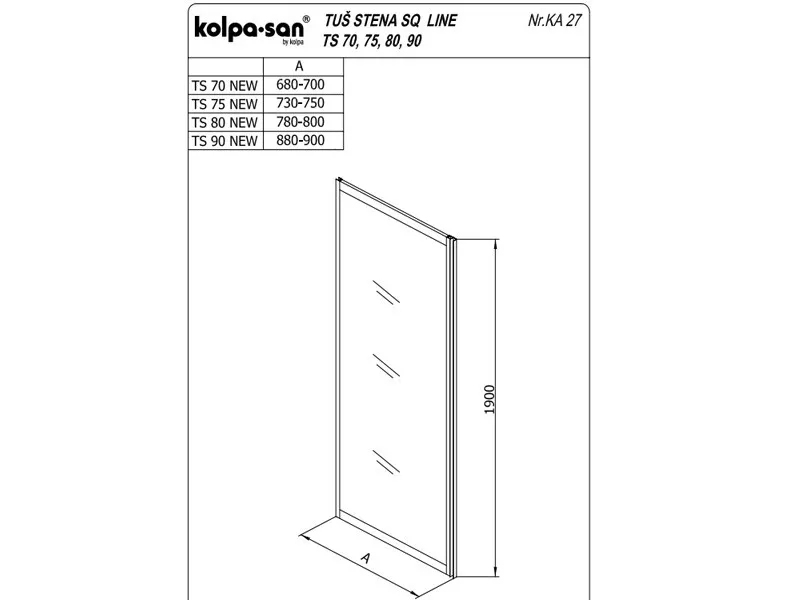 KOLPA TS SQ line 90/K SILVER - providno,tus stena 5 mm h=190 (komb. TKK,TKP,TV SQ line) - 527680 