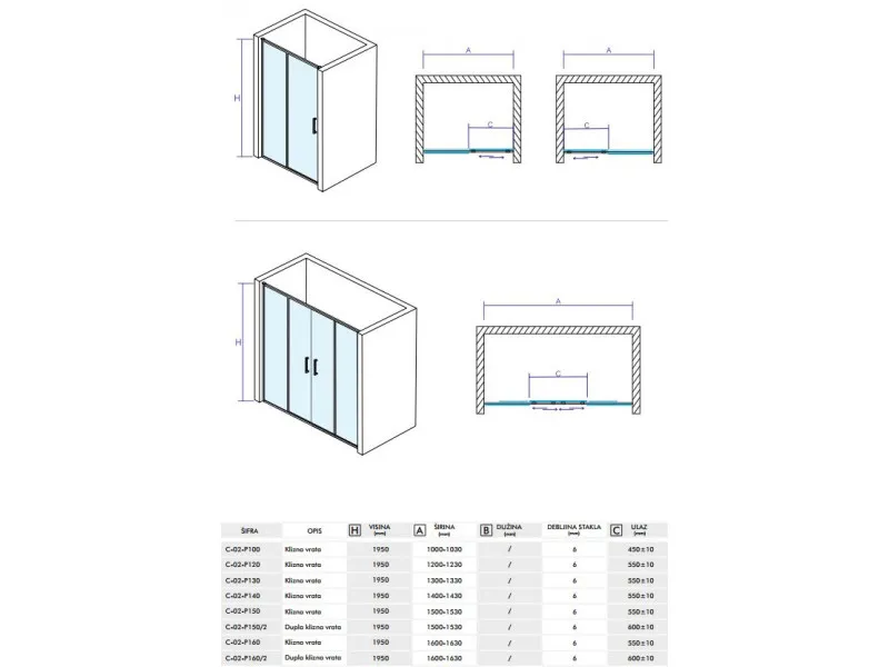 CONCEPT Klizna vrata  OPAL 1000x1950 staklo 6mm providno JBC626-100 / C-02-P100 