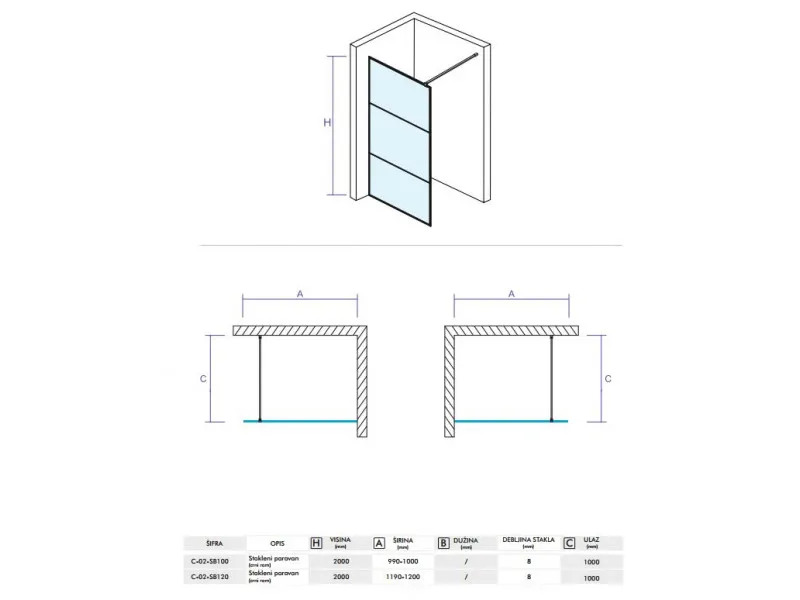 CONCEPT Stakleni paravan  MONTE 1000x2000 crni mat ram 8mm staklo C-02-SB100 