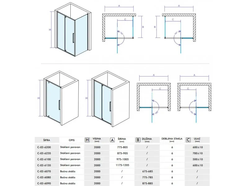 CONCEPT Tuš kabina  ABSOLUT 1000x800x2000 staklo 6mm providno sa pivot vratima C-02-6100/6080 