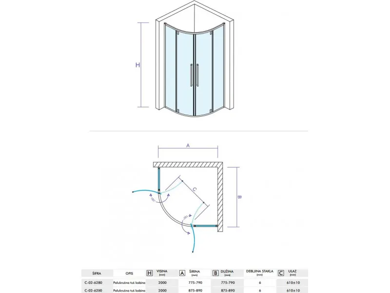 CONCEPT Tuš kabina  ABSOLUT R800x2000 staklo 6mm providno sa pivot vratima C-02-6280 