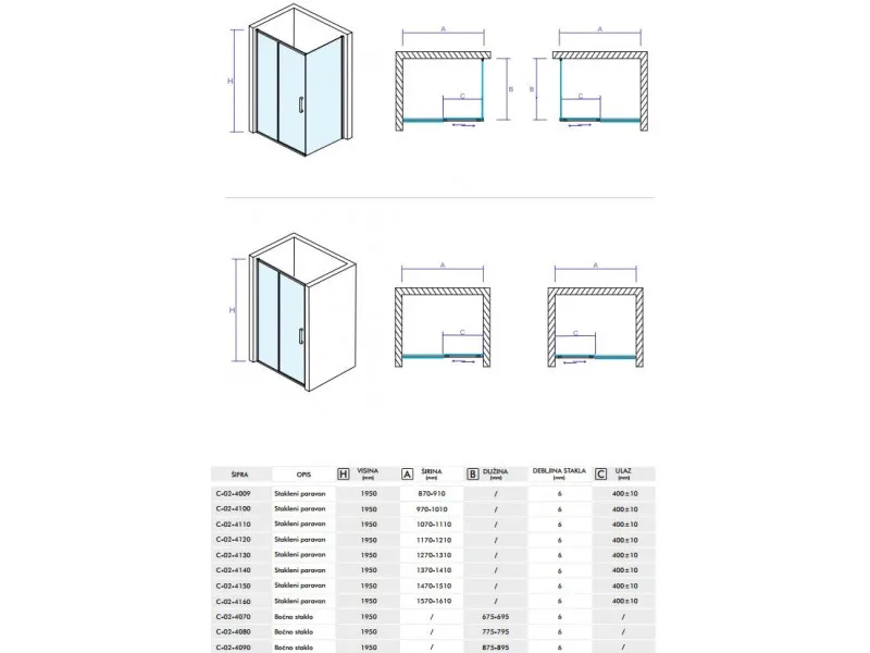 CONCEPT Tuš kabina  ATLAS 1000x700x1950 staklo 6mm providno C-02-4100/4070 