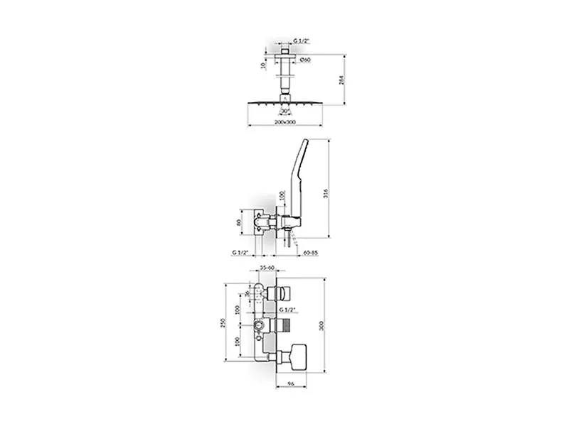 Stolz S2 Uzidna Baterija Sa Plafonskim Tušem 200X300Mm I Ručim Tušem 231607 