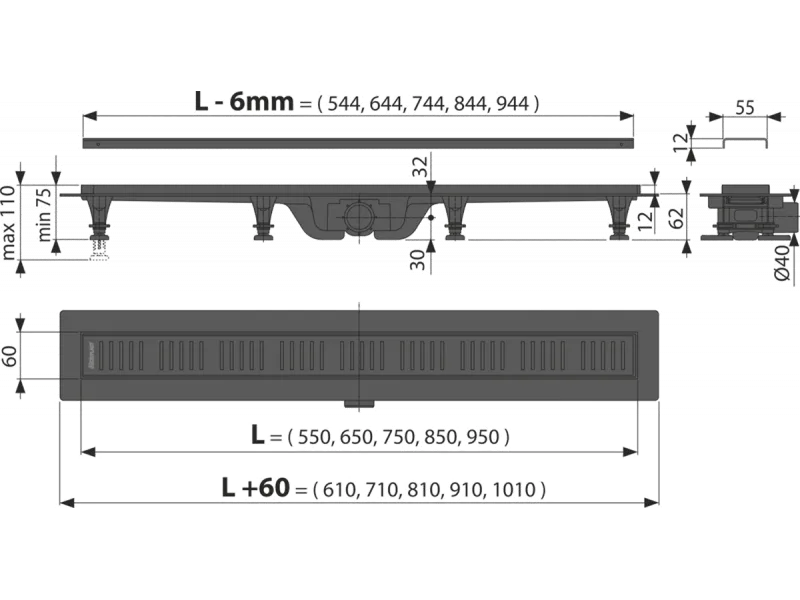 ALCA TUS KANALICA CRNA 550mm APZ10 