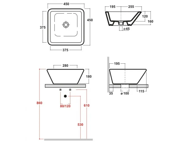 OLYMPIA nadgradni umivaonik kvadratni 45x45cm h-18cm - LIL4B45001 