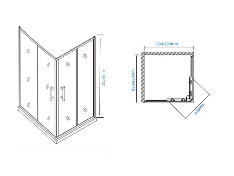 NKS Paravan 6006 providno staklo 6mm 90x90x195 crni profili, kompenzacioni profil KBJ600690BP 