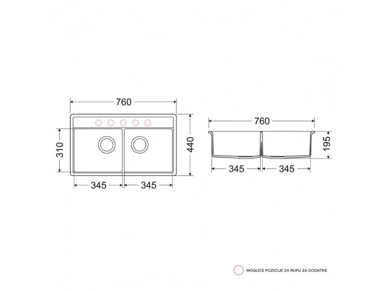 Milo Granitna sudopera MILO METRO 76x44 Lava stone sa sifonom dupla MET.L.2KBO 