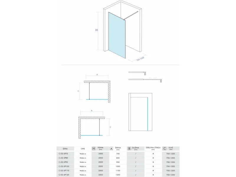 VU Tus paravan WALK IN 70 x 195cm 8mm (C-02-SP70) 