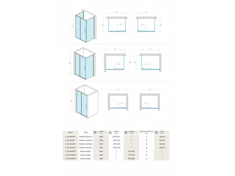 COPEN Stakleni paravan ATLAS BLACK 1100x1950 transparentno staklo 6mm crni mat ram C-02-B4110T 