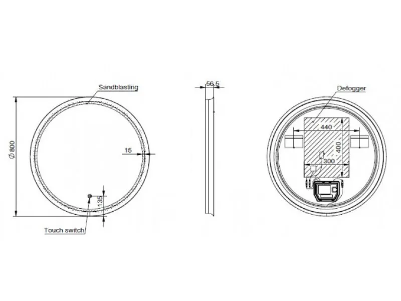COPEN Ogledalo fi800 sa alu ramom 56,5mm LED mat crno C-06-101MB 
