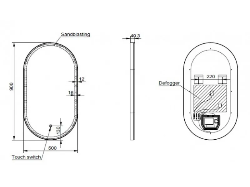 COPEN Ogledalo 500x900 sa alu ramom 40,6mm LED mat crno C-06-105MB 